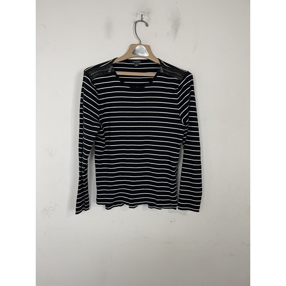 LRL Ralph Lauren Women's XL Black White‎ Striped Long Sleeve Cotton Top